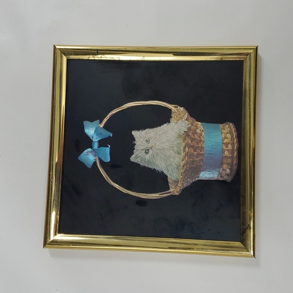Vtg 80s cat in a basket foil framed art ltd #6013 kafka industries - Picture 1 of 6